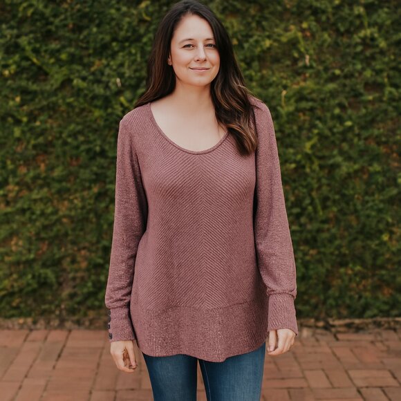 Cato Mauve XL Sweater | Chevron Knit Crew Neck w/ Button Sleeve Detail - Picture 1 of 8